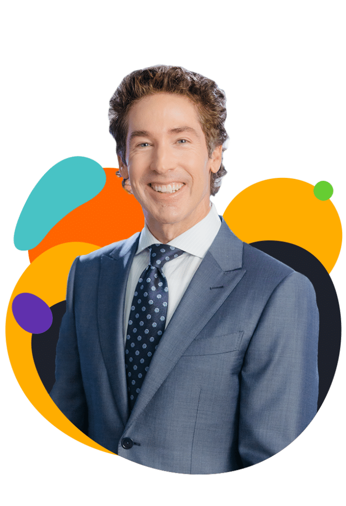 Portraetfoto von Joel Osteen, laechelnd vor buntem abstraktem Hintergrund