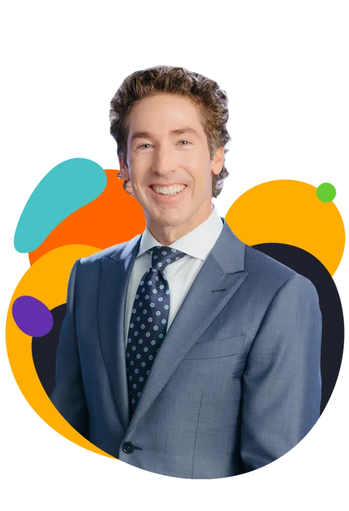 Portraetfoto von Joel Osteen, laechelnd vor buntem abstraktem Hintergrund