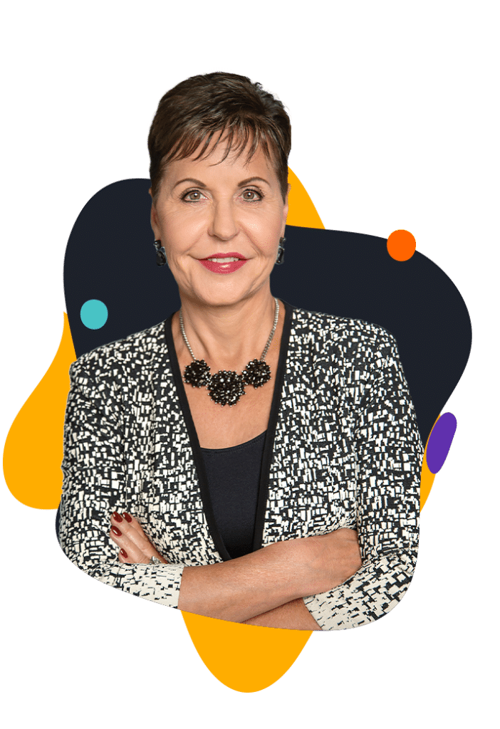 Portraetfoto von Joyce Meyer, laechelnd vor buntem abstraktem Hintergrund