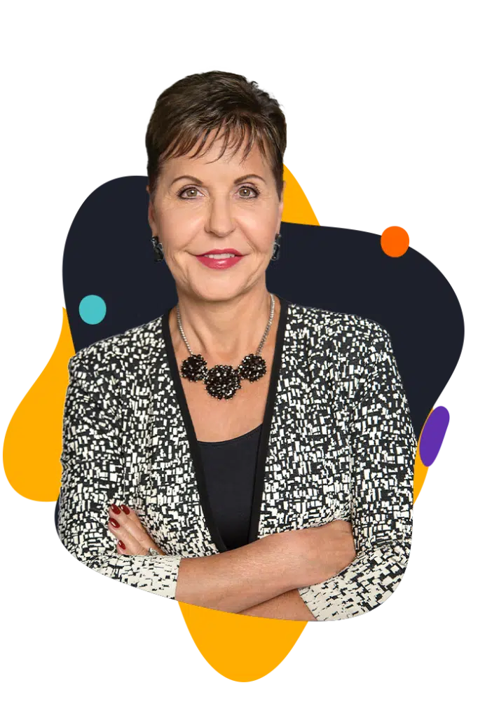 Portraetfoto von Joyce Meyer, laechelnd vor buntem abstraktem Hintergrund
