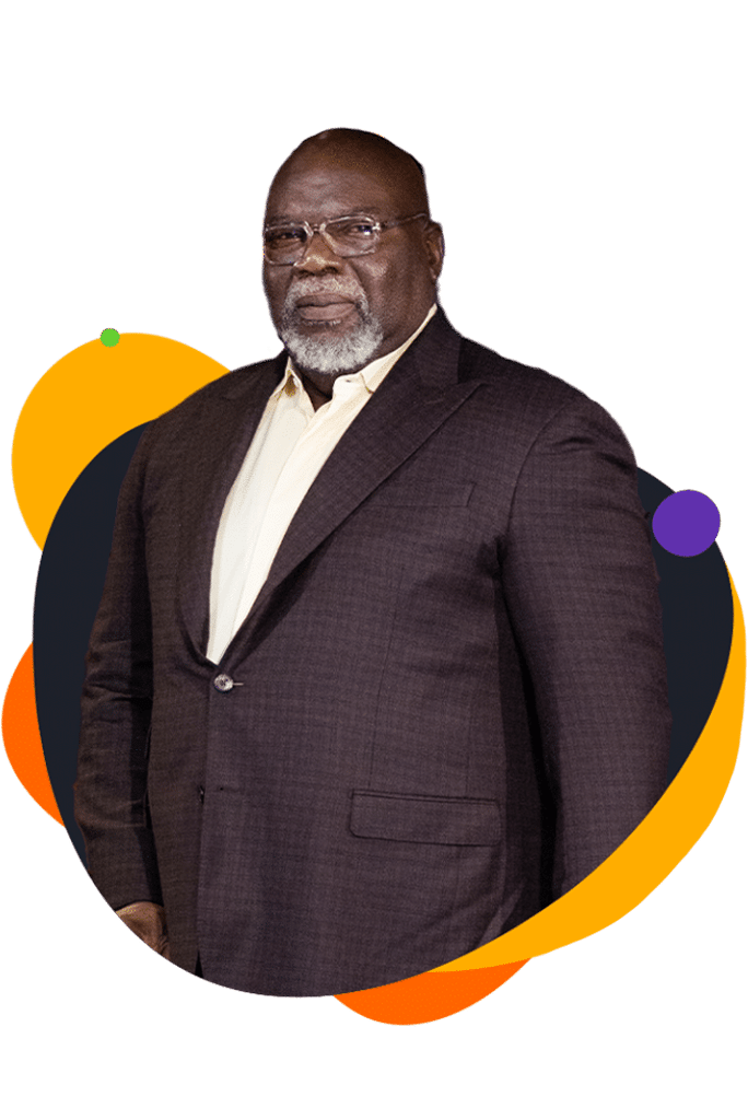 Portraetfoto von T.D. Jakes, laechelnd vor buntem abstraktem Hintergrund