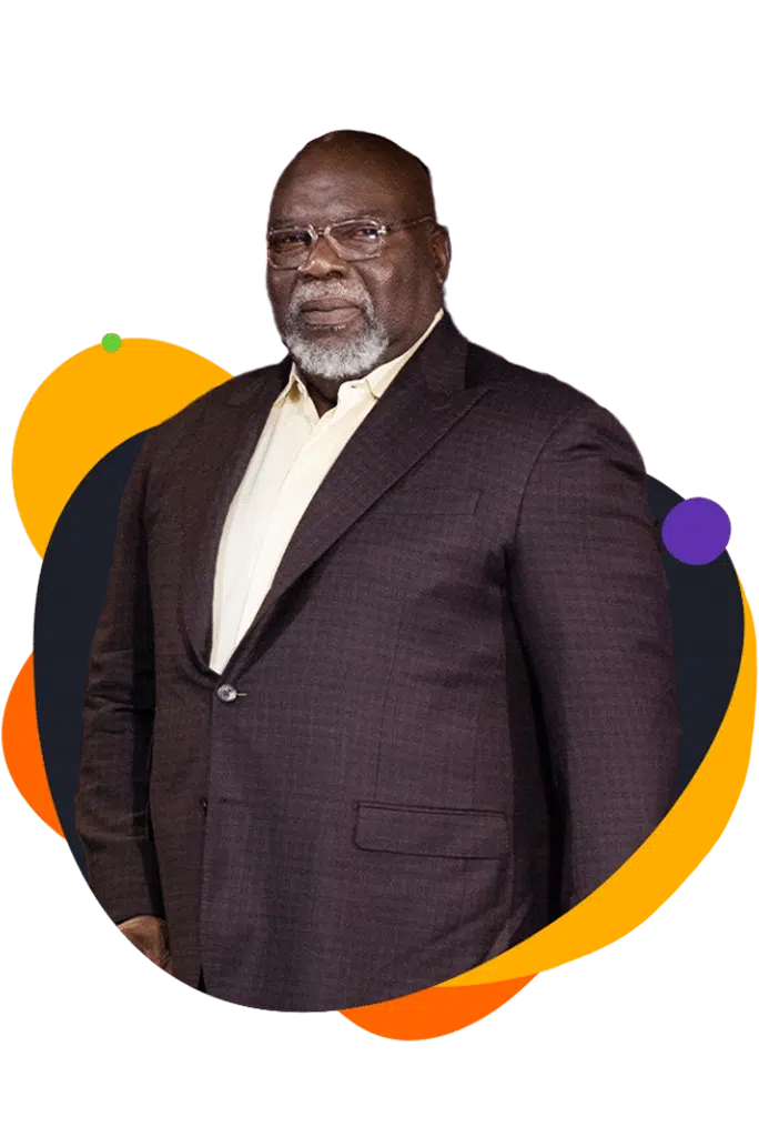 Portraetfoto von T.D. Jakes, laechelnd vor buntem abstraktem Hintergrund